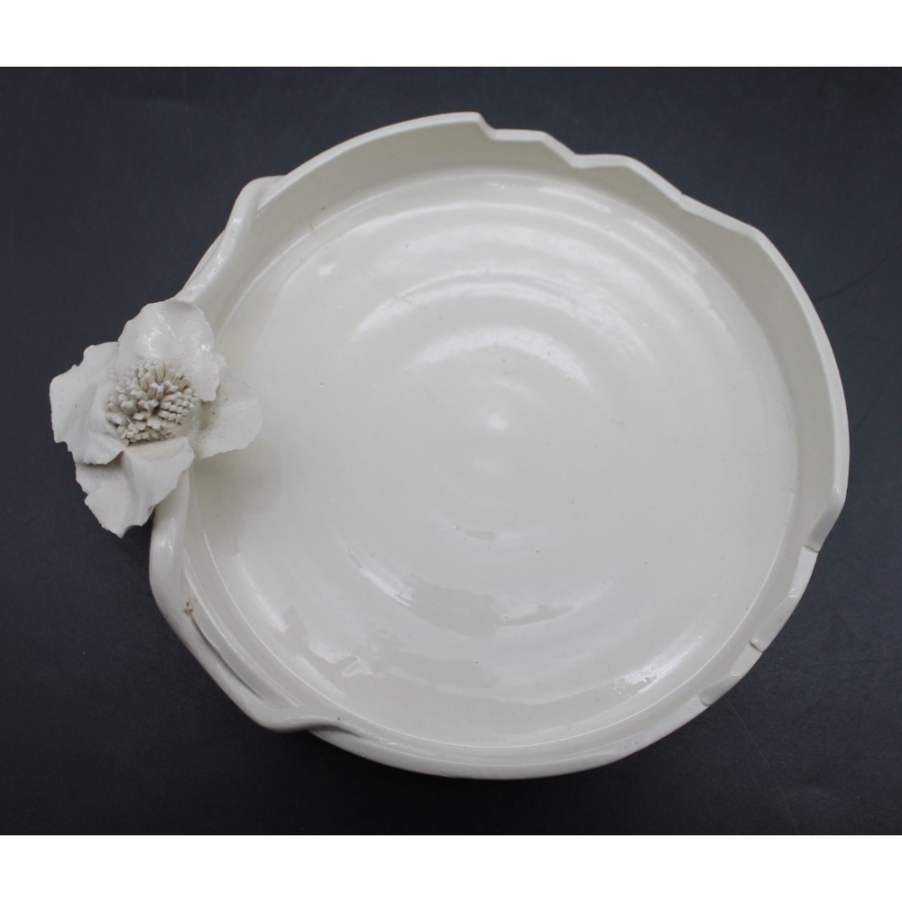Vintage 1983 Studio Pottery White Glazed Dish Floral Accent Signed 5" Handmade